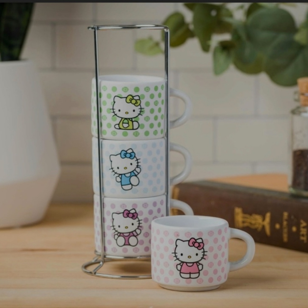 HELLO KITTY Polka Dots 4-Piece 3oz Stackable Espresso Ceramic Mug